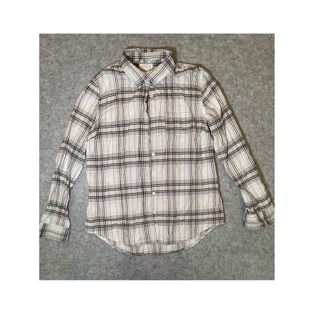 Weatherproof Vintage Mens Plaid Comfort Stretch Button Down Shirt Tan Navy M